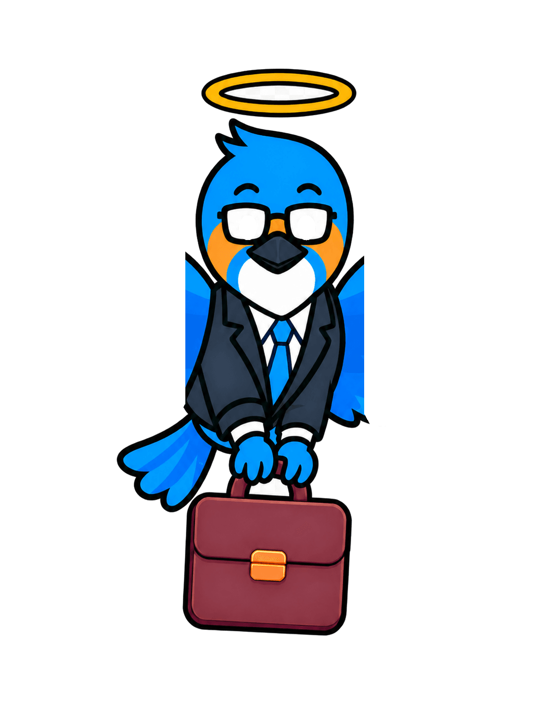 Shortlist bird flying with a halo and briefcase