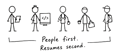 Five hand-drawn people from different professions. People first. Resumes second.